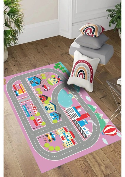Dijital Baskılı Yol Desenli Yıkanabilir Kaymaz Taban Çocuk Odası Halısı, Çocuk-70-Pembe,