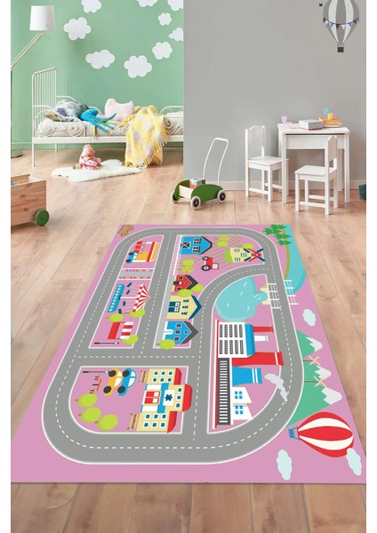 Dijital Baskılı Yol Desenli Yıkanabilir Kaymaz Taban Çocuk Odası Halısı, Çocuk-70-Pembe, fiyatları