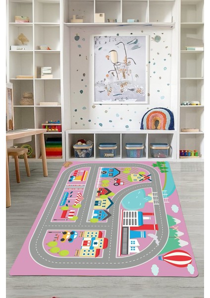 Dijital Baskılı Yol Desenli Yıkanabilir Kaymaz Taban Çocuk Odası Halısı, Çocuk-70-Pembe, modelleri