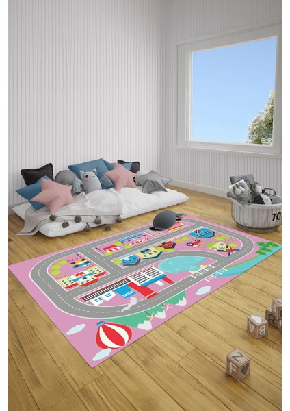 Dijital Baskılı Yol Desenli Yıkanabilir Kaymaz Taban Çocuk Odası Halısı, Çocuk-70-Pembe, fırsatları