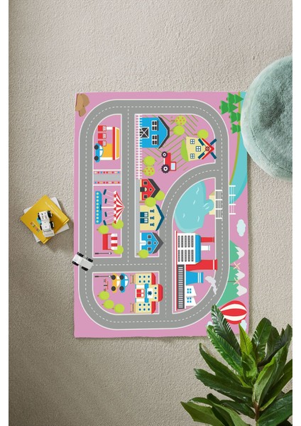 Dijital Baskılı Yol Desenli Yıkanabilir Kaymaz Taban Çocuk Odası Halısı, Çocuk-70-Pembe, indirimleri