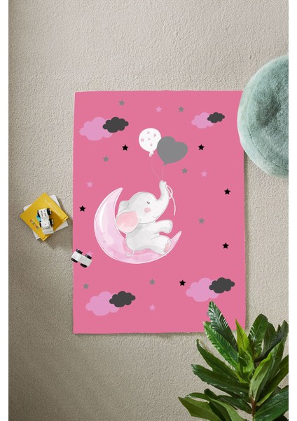Dijital Baskılı Fil Ve Ay Desenli Yıkanabilir Kaymaz Taban Çocuk Odası Halısı, Çocuk-93-Pembe,