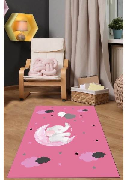 Dijital Baskılı Fil Ve Ay Desenli Yıkanabilir Kaymaz Taban Çocuk Odası Halısı, Çocuk-93-Pembe,