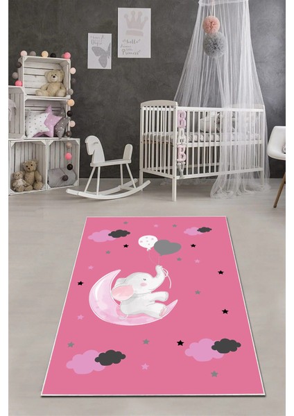 Dijital Baskılı Fil Ve Ay Desenli Yıkanabilir Kaymaz Taban Çocuk Odası Halısı, Çocuk-93-Pembe,