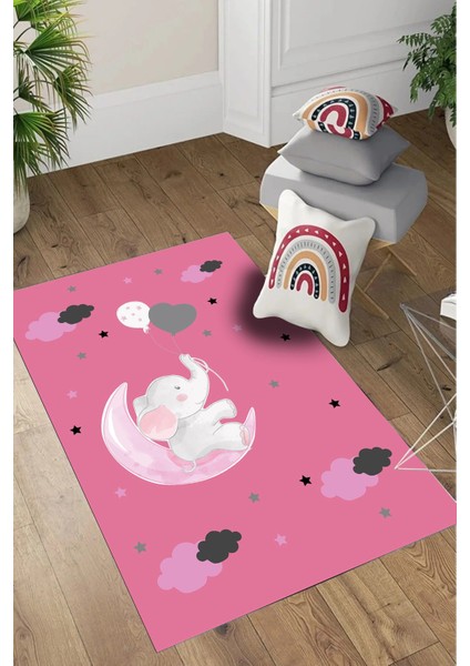 Dijital Baskılı Fil Ve Ay Desenli Yıkanabilir Kaymaz Taban Çocuk Odası Halısı, Çocuk-93-Pembe,