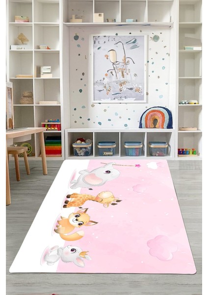 Dijital Baskılı Hayvan Karakterli Yıkanabilir Kaymaz Taban Çocuk Odası Halısı, Çocuk-86-Pembe,