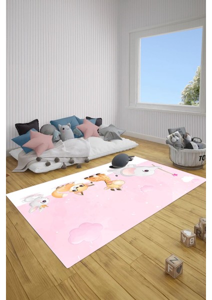 Dijital Baskılı Hayvan Karakterli Yıkanabilir Kaymaz Taban Çocuk Odası Halısı, Çocuk-86-Pembe, fiyatları