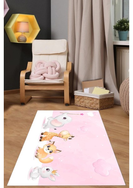 Dijital Baskılı Hayvan Karakterli Yıkanabilir Kaymaz Taban Çocuk Odası Halısı, Çocuk-86-Pembe, fırsatları
