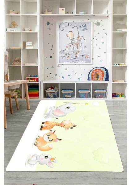 Dijital Baskılı Hayvan Karakterli Yıkanabilir Kaymaz Taban Çocuk Odası Halısı, Çocuk-86-Sarı,