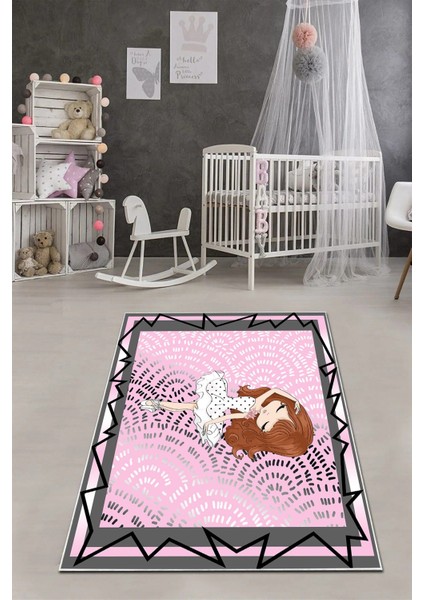 Dijital Baskılı Çerçeveli Balerin Kız Model Yıkanabilir Kaymaz Çocuk Odası Halısı, Çocuk-98-Pembe, fırsatları