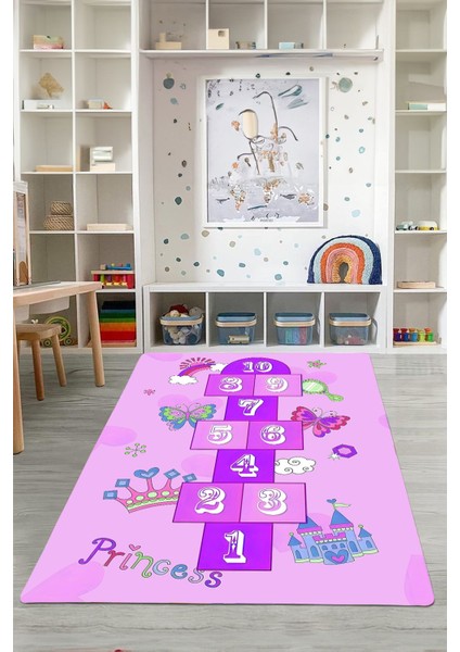 Dijital Baskılı Seksekli Kelebek Model Yıkanabilir Kaymaz Çocuk Odası Halısı, Çocuk-58-Mor,