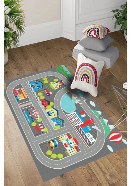 Dijital Baskılı Yol Desenli Yıkanabilir Kaymaz Taban Çocuk Odası Halısı, Çocuk-70-Gri,