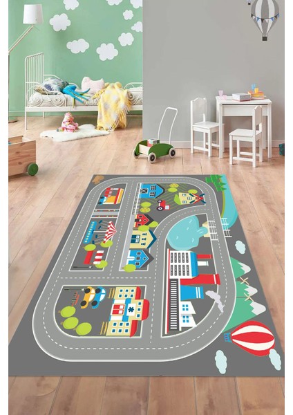Dijital Baskılı Yol Desenli Yıkanabilir Kaymaz Taban Çocuk Odası Halısı, Çocuk-70-Gri, fiyatları