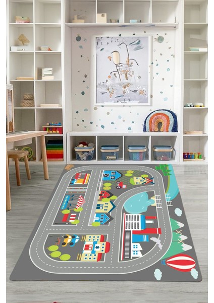 Dijital Baskılı Yol Desenli Yıkanabilir Kaymaz Taban Çocuk Odası Halısı, Çocuk-70-Gri, modelleri