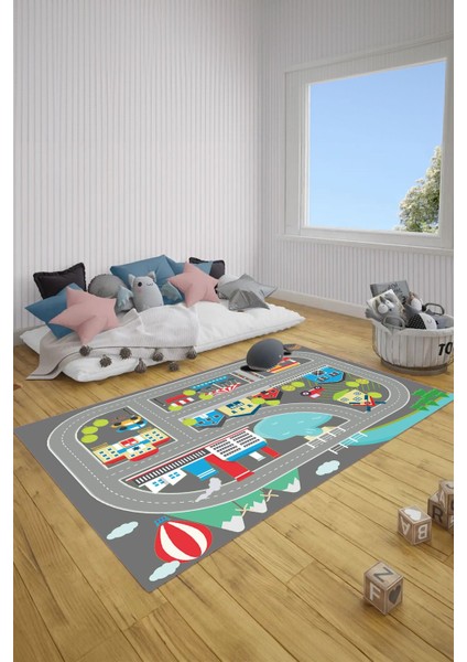 Dijital Baskılı Yol Desenli Yıkanabilir Kaymaz Taban Çocuk Odası Halısı, Çocuk-70-Gri, fırsatları