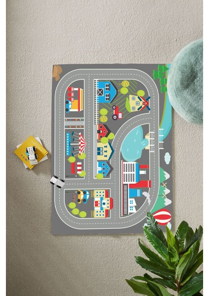 Dijital Baskılı Yol Desenli Yıkanabilir Kaymaz Taban Çocuk Odası Halısı, Çocuk-70-Gri, indirimleri