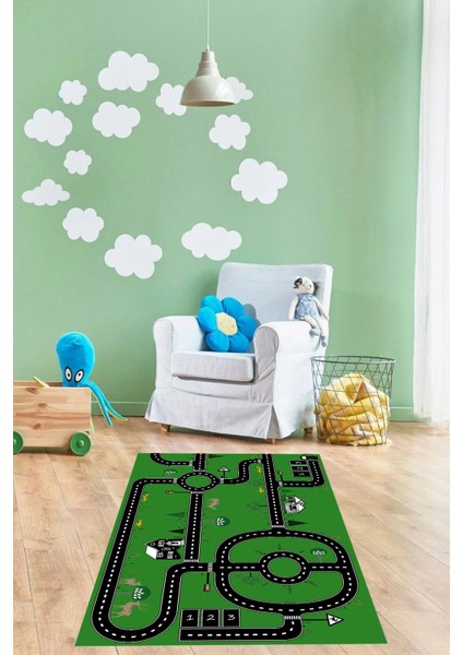 Dijital Baskılı Otomobil Yol Desenli Yıkanabilir Kaymaz Taban Çocuk Odası Halısı, Çocuk-55-Yeşil, fiyatları