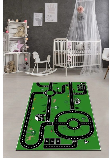 Dijital Baskılı Otomobil Yol Desenli Yıkanabilir Kaymaz Taban Çocuk Odası Halısı, Çocuk-55-Yeşil, modelleri
