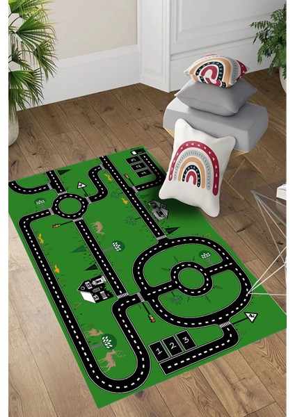 Dijital Baskılı Otomobil Yol Desenli Yıkanabilir Kaymaz Taban Çocuk Odası Halısı, Çocuk-55-Yeşil, fırsatları