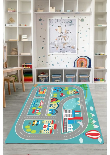 Dijital Baskılı Yol Desenli Yıkanabilir Kaymaz Taban Çocuk Odası Halısı, Çocuk-70-Turkuaz,