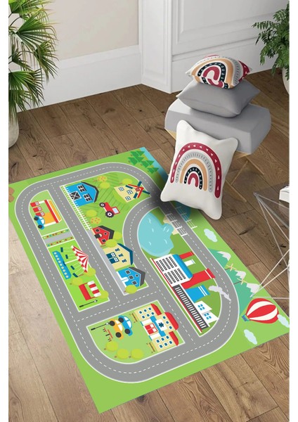Dijital Baskılı Yol Desenli Yıkanabilir Kaymaz Taban Çocuk Odası Halısı, Çocuk-70-Yeşil,