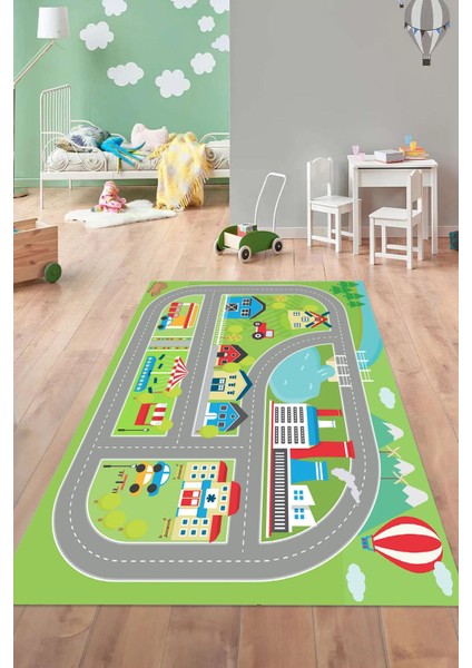 Dijital Baskılı Yol Desenli Yıkanabilir Kaymaz Taban Çocuk Odası Halısı, Çocuk-70-Yeşil, fiyatları