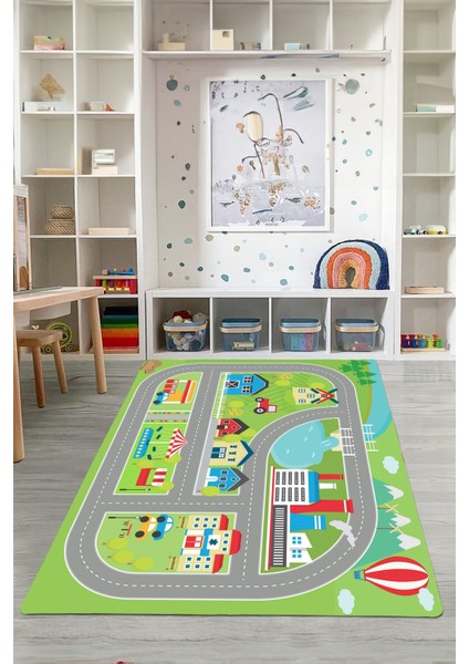 Dijital Baskılı Yol Desenli Yıkanabilir Kaymaz Taban Çocuk Odası Halısı, Çocuk-70-Yeşil, modelleri