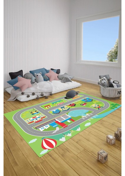 Dijital Baskılı Yol Desenli Yıkanabilir Kaymaz Taban Çocuk Odası Halısı, Çocuk-70-Yeşil, fırsatları