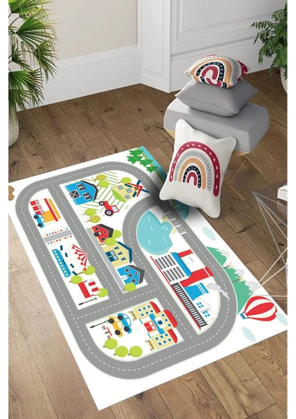 Dijital Baskılı Yol Desenli Yıkanabilir Kaymaz Taban Çocuk Odası Halısı, Çocuk-70-Beyaz,