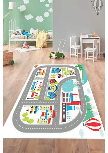 Dijital Baskılı Yol Desenli Yıkanabilir Kaymaz Taban Çocuk Odası Halısı, Çocuk-70-Beyaz, fiyatları