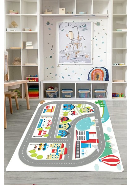 Dijital Baskılı Yol Desenli Yıkanabilir Kaymaz Taban Çocuk Odası Halısı, Çocuk-70-Beyaz, modelleri
