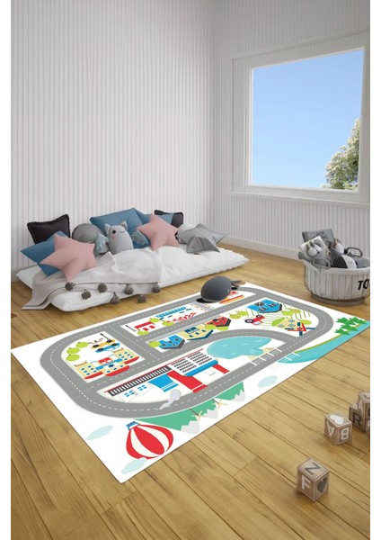 Dijital Baskılı Yol Desenli Yıkanabilir Kaymaz Taban Çocuk Odası Halısı, Çocuk-70-Beyaz, fırsatları