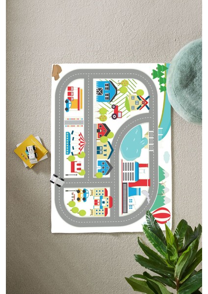 Dijital Baskılı Yol Desenli Yıkanabilir Kaymaz Taban Çocuk Odası Halısı, Çocuk-70-Beyaz, indirimleri