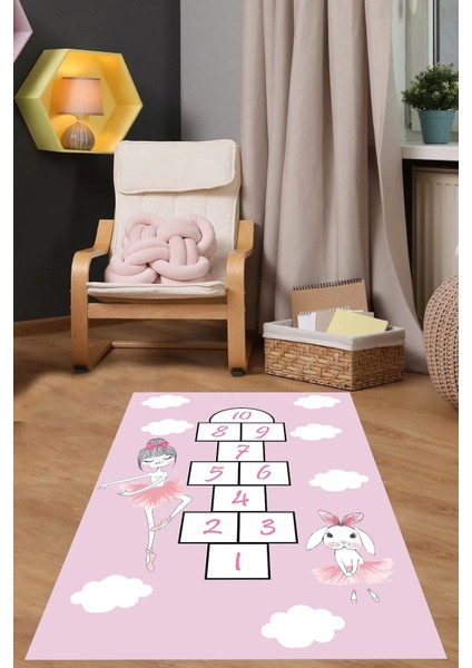 Dijital Baskılı Balerin Tavşan Seksek Model Yıkanabilir Kaymaz Çocuk Odası Halısı, Çocuk-53-Pembe,