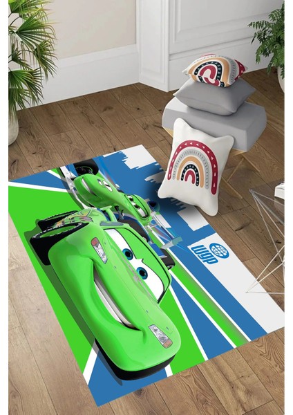 Dijital Baskılı Yarış Araba Desenli Yıkanabilir Kaymaz Taban Çocuk Odası Halısı, Çocuk-61-Yeşil, modelleri