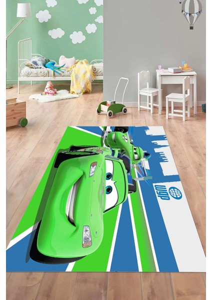 Dijital Baskılı Yarış Araba Desenli Yıkanabilir Kaymaz Taban Çocuk Odası Halısı, Çocuk-61-Yeşil, fırsatları