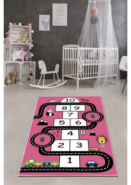 Dijital Baskılı Seksekli Yol Desenli Yıkanabilir Kaymaz Taban Çocuk Odası Halısı, Çocuk-57-Pembe,