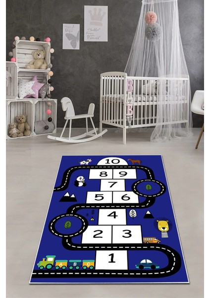 Dijital Baskılı Seksekli Yol Desenli Yıkanabilir Kaymaz Taban Çocuk Odası Halısı, Çocuk-57-Lacivert,