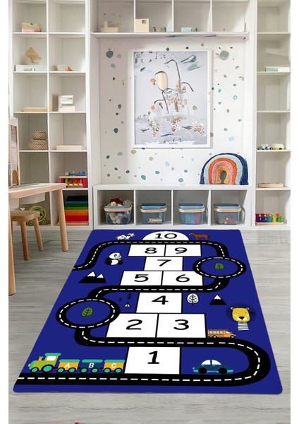 Dijital Baskılı Seksekli Yol Desenli Yıkanabilir Kaymaz Taban Çocuk Odası Halısı, Çocuk-57-Lacivert,