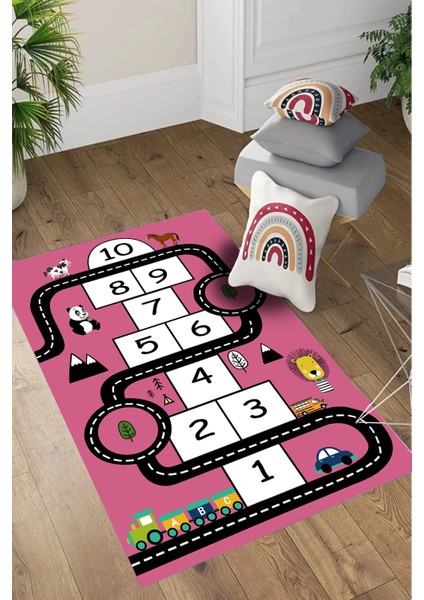 Dijital Baskılı Seksekli Yol Desenli Yıkanabilir Kaymaz Taban Çocuk Odası Halısı, Çocuk-57-Pembe,