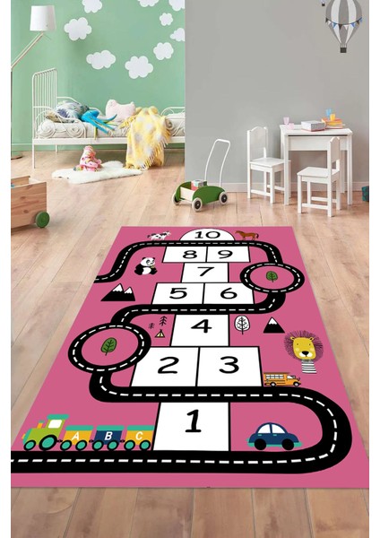 Dijital Baskılı Seksekli Yol Desenli Yıkanabilir Kaymaz Taban Çocuk Odası Halısı, Çocuk-57-Pembe,