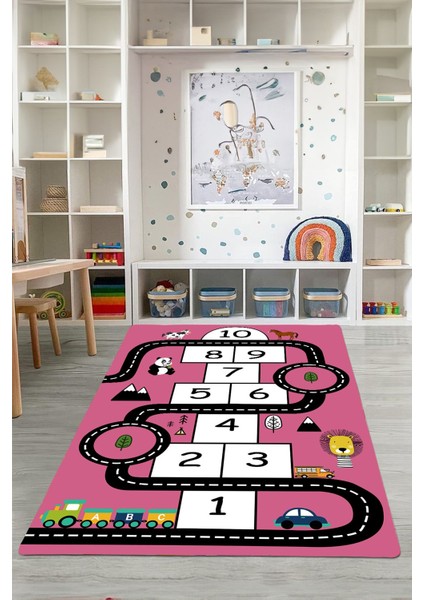 Dijital Baskılı Seksekli Yol Desenli Yıkanabilir Kaymaz Taban Çocuk Odası Halısı, Çocuk-57-Pembe,