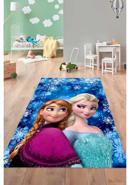 Dijital Baskılı Çizgi Film Kar Küre Modelli Yıkanabilir Kaymaz Çocuk Odası Halısı, Çocuk-75-Mavi,