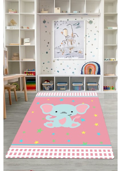 Dijital Baskılı Fil Figürlü Yıkanabilir Kaymaz Taban Çocuk Odası Halısı, Çocuk-73-Pembe, modelleri