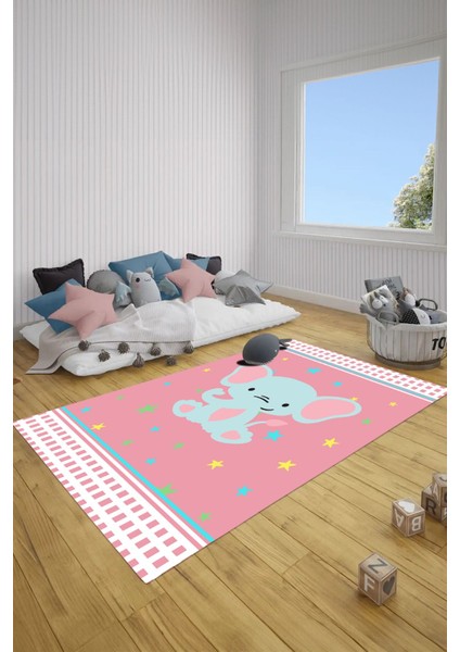 Dijital Baskılı Fil Figürlü Yıkanabilir Kaymaz Taban Çocuk Odası Halısı, Çocuk-73-Pembe, fırsatları
