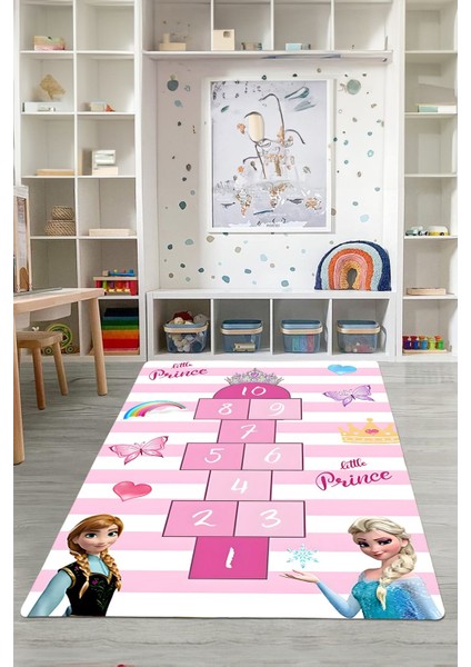 Dijital Baskılı Kraliçeli Seksek Model Yıkanabilir Kaymaz Taban Çocuk Odası Halısı, Çocuk-76-Pembe,