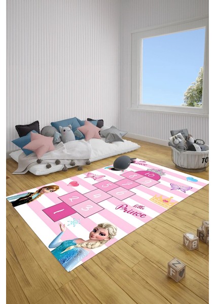 Dijital Baskılı Kraliçeli Seksek Model Yıkanabilir Kaymaz Taban Çocuk Odası Halısı, Çocuk-76-Pembe,