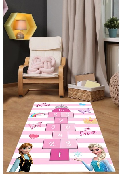 Dijital Baskılı Kraliçeli Seksek Model Yıkanabilir Kaymaz Taban Çocuk Odası Halısı, Çocuk-76-Pembe,