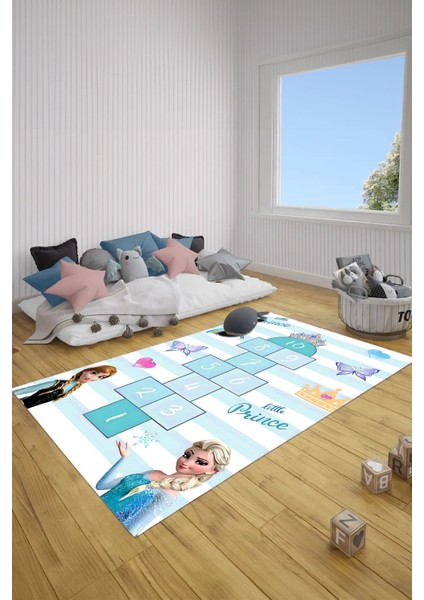 Baskılı Kraliçeli Seksek Model Yıkanabilir Kaymaz Taban Çocuk Odası Halısı, Çocuk-76-Turkuaz,