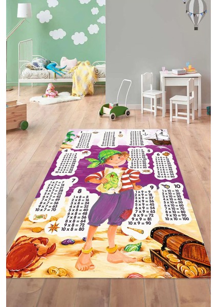 Dijital Baskılı Çarpım Tablo Desenli Yıkanabilir Kaymaz Taban Çocuk Odası Halısı, Çocuk-78-Mor,